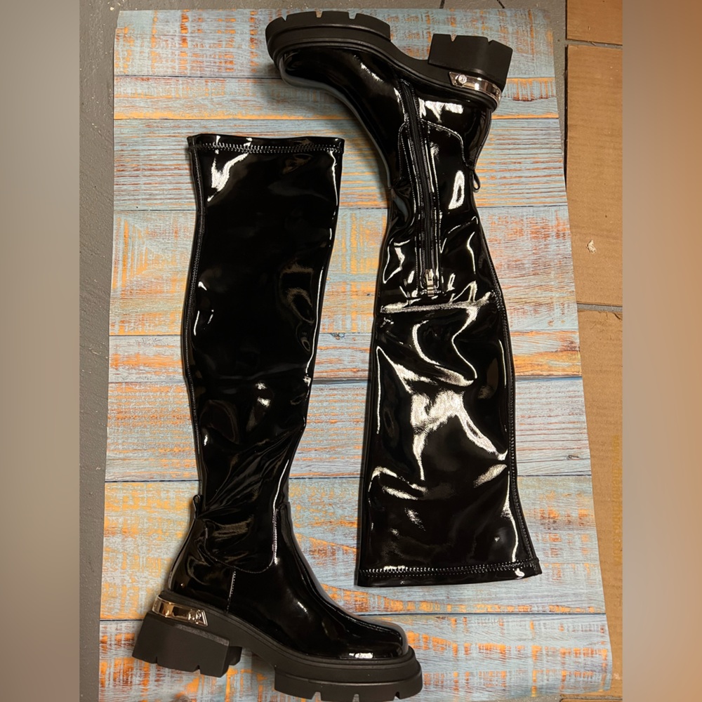 Square Toe Design Shiny Black over the kneel Boots